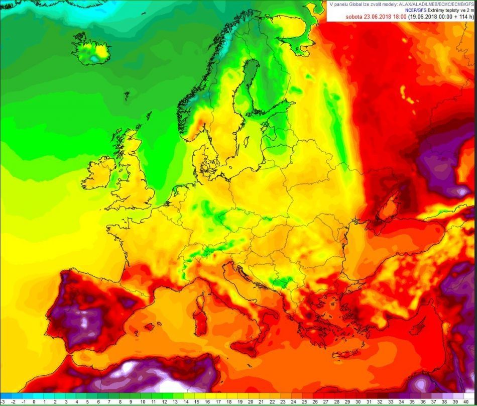 Modelová mapa sobotních teplot v Evropě