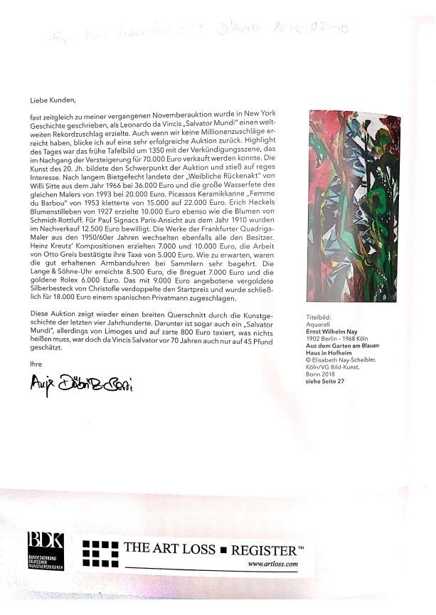 Stránka z katalogu k aukci, kde se dražil i obraz Zvěstování. Oznamuje, že obraz se po aukci prodal za 70 000 eur.