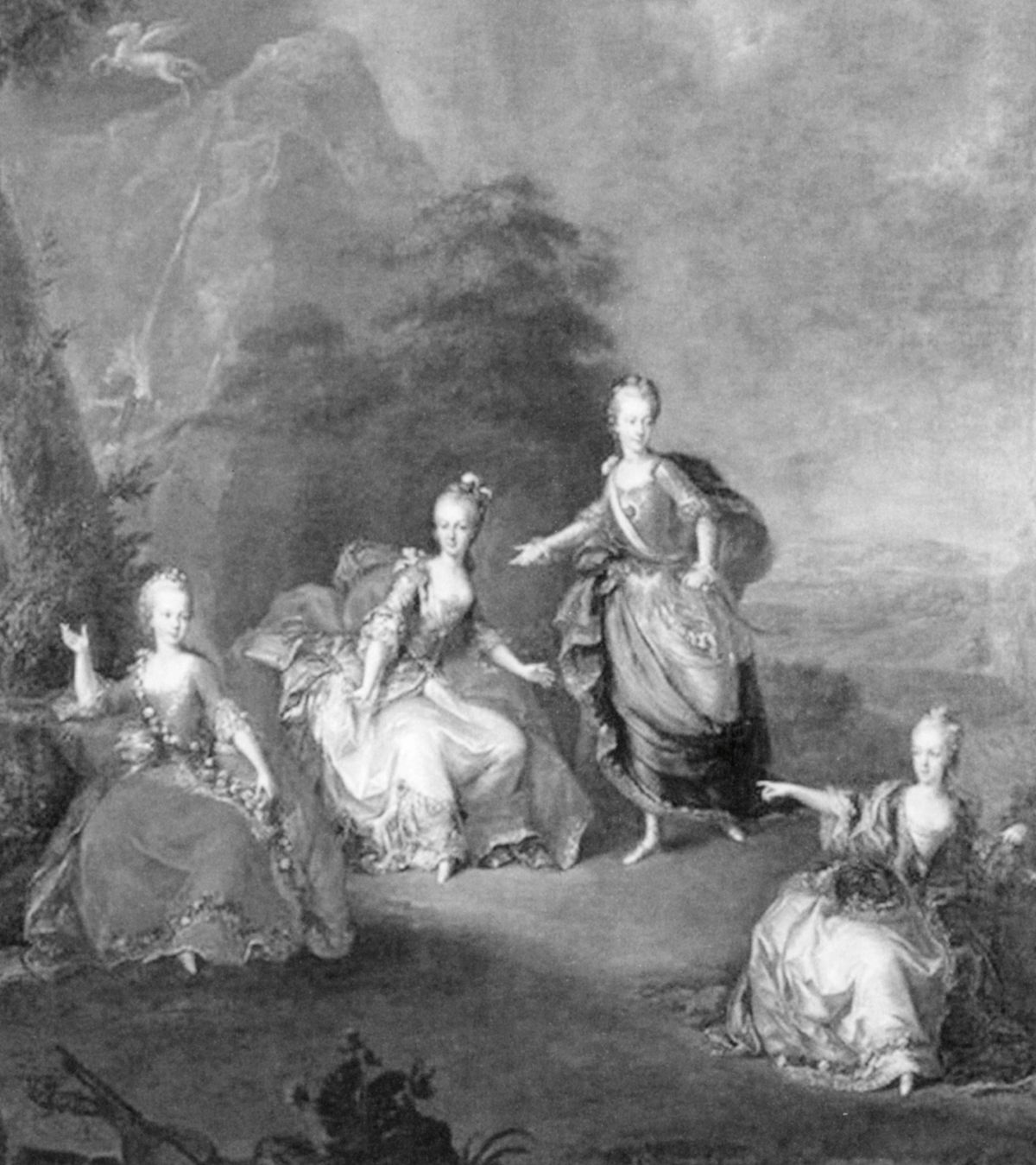 Liesl tančí se svými sestrami v baletu Il parnasso confuso od Pietra Metastasia v roce 1765 (první vlevo).