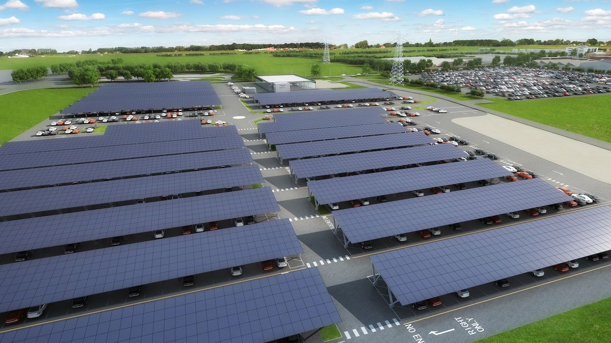 Vizualizace solárních panelů na stříškách parkoviště továrny Bentley.