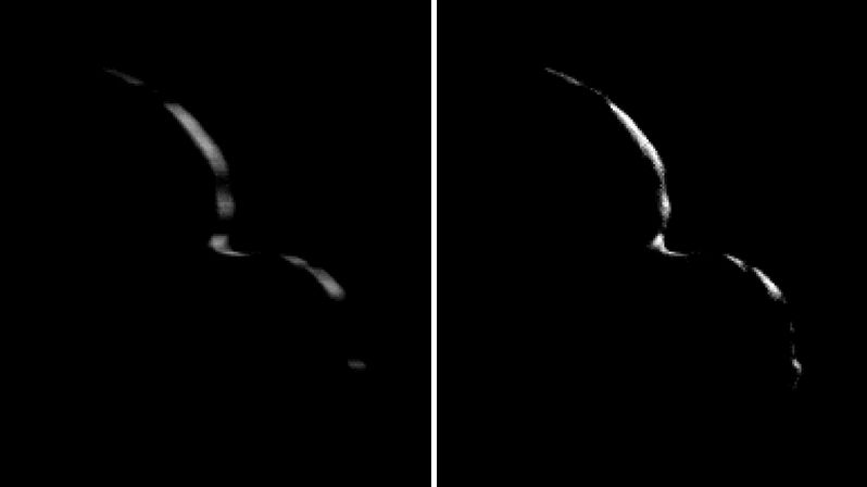 Snímek planetky Ultima Thule, který pořídila sonda New Horizons, když byla od vesmírného objektu 8862 kilometrů daleko.