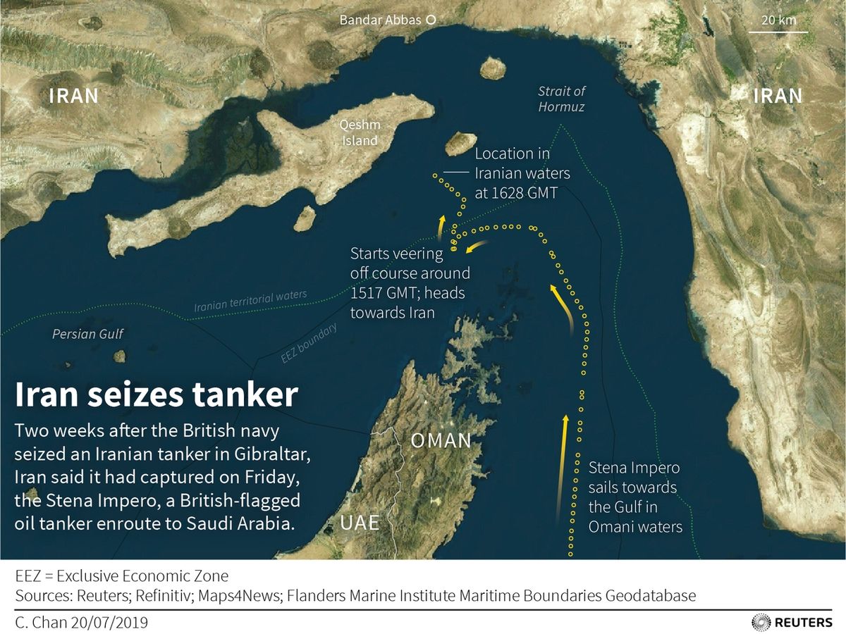 Trasa britského tankeru Stena Impero v Hormuzském průlivu, který byl zadržen íránskými revolučními gardami