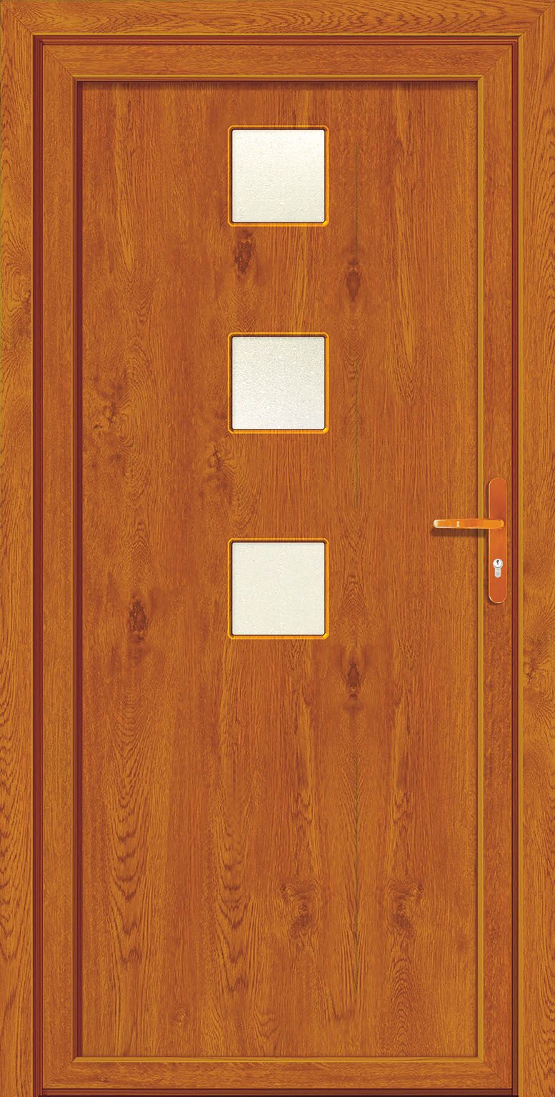 Vstupní plastové dveře jsou opatřené 5bodovým zámkem a jsou určené pro instalaci s otevíráním dovnitř. Povrch imituje dřevo, výplň je sendvičová. 