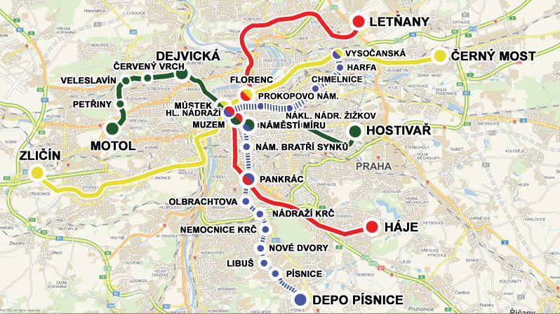 Mapa pražského metra včetně připravované trasy z Písnice do Vysočan.