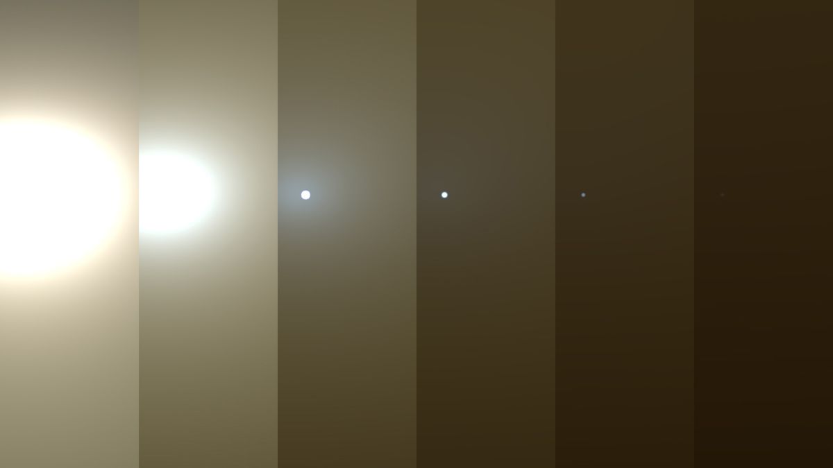Ilustrační sada snímků z pohledu sondy Opportunity ukazuje postupné zatemňování oblohy Marsu. Vpravo už je Slunce zcela zakryté prachovou bouří.