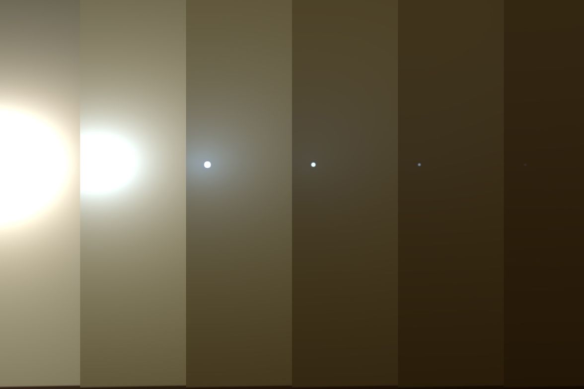 Ilustrační sada snímků z pohledu sondy Opportunity ukazuje postupné zatemňování oblohy Marsu. Vpravo už je Slunce zcela zakryté prachovou bouří.