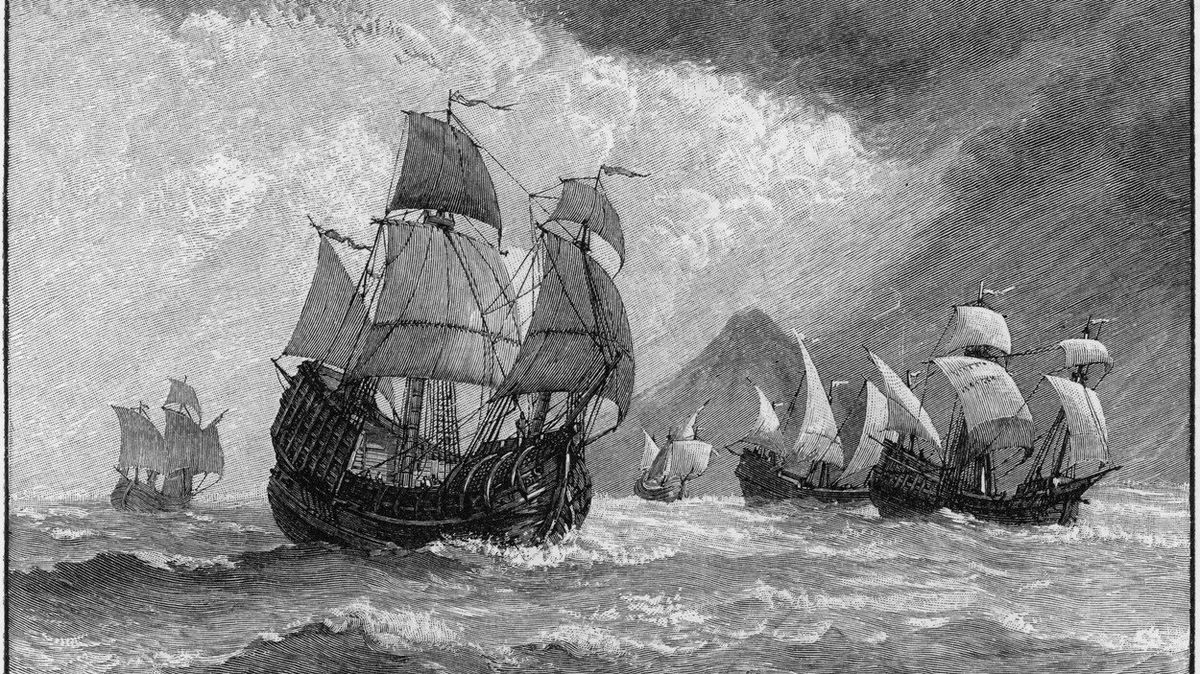 Magalhãesova flotila, v popředí jeho loď Trinidad, které přímo velel.