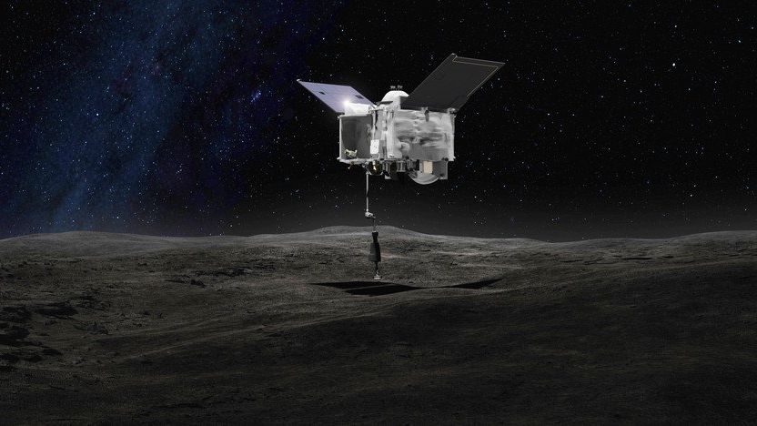 Ilustrace znázorňující misi OSIRIS-REx k asteroidu Bennu 
