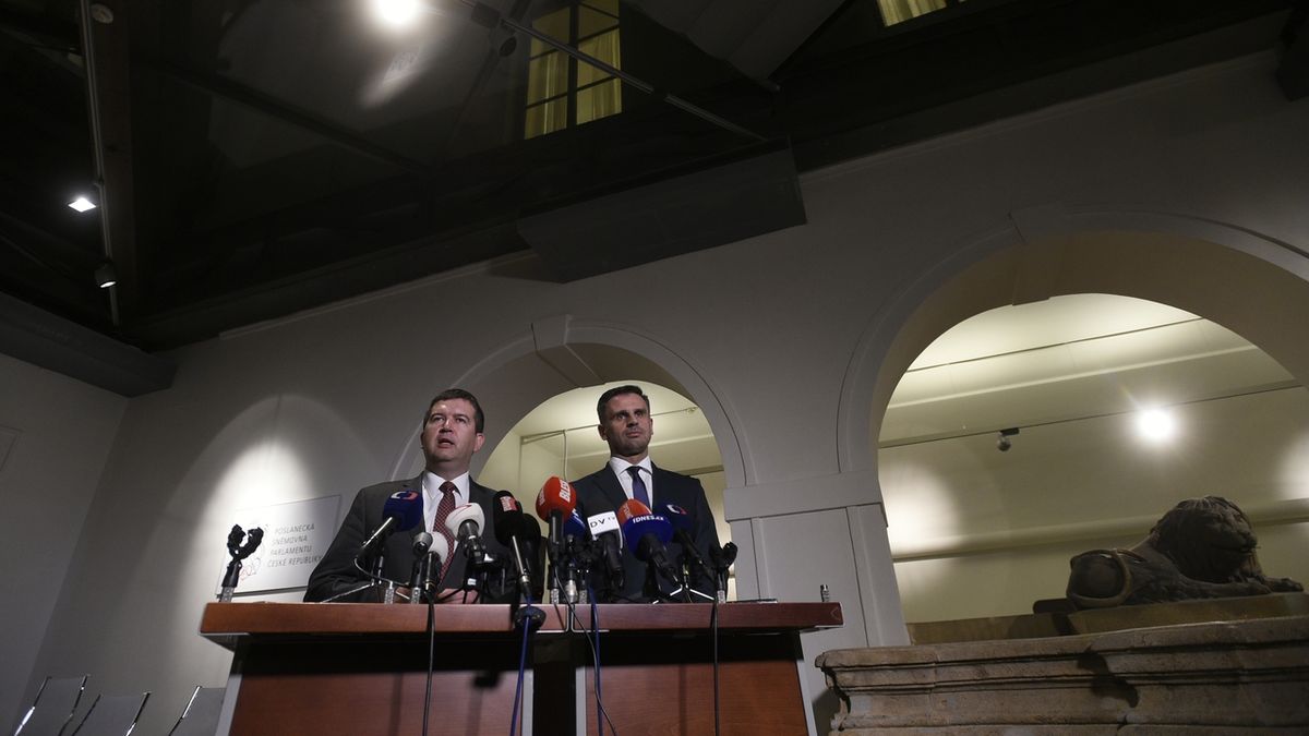 Předseda ČSSD Jan Hamáček (vlevo) a místopředseda strany Jiří Zimola oznamují neúspěch jednání mezi ČSSD a ANO.