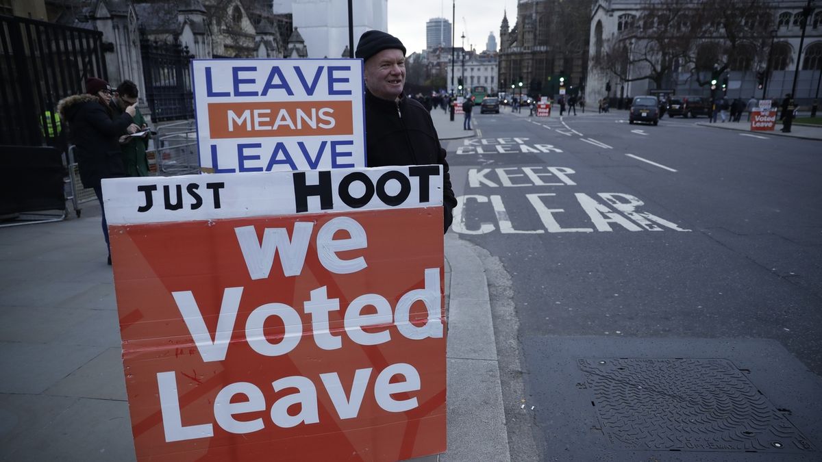 Zastánce brexitu před parlamentem 