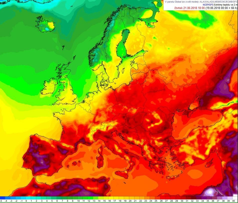Modelová mapa čtvrtečních teplot v Evropě
