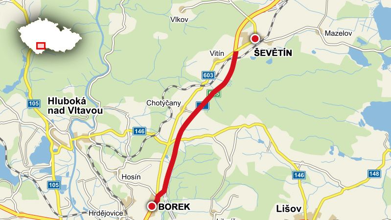Rozestavěný úsek dálnice D3 Ševětín–Borek.