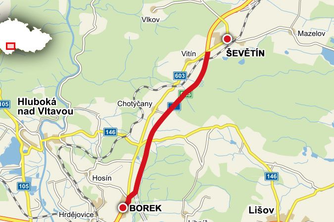 Rozestavěný úsek dálnice D3 Ševětín - Borek.