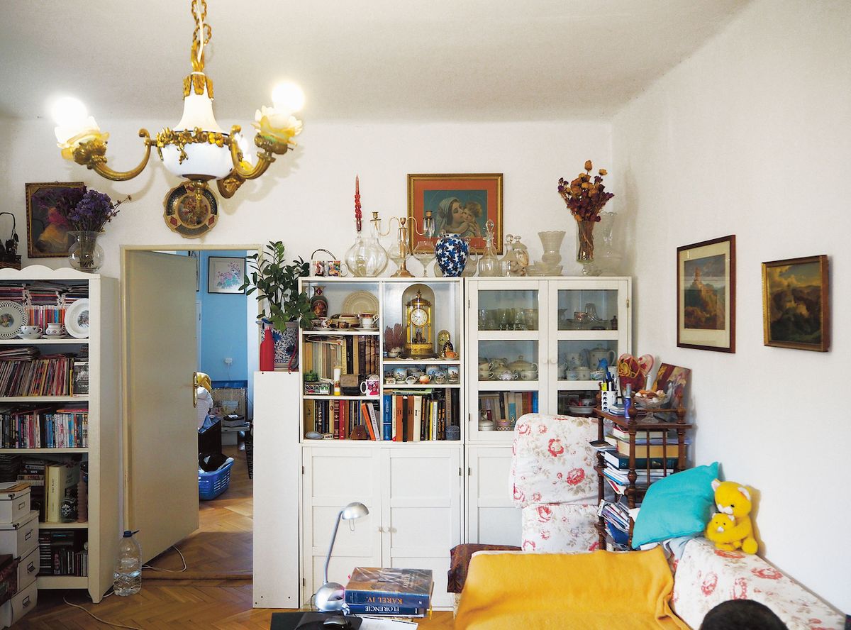 V obývacím pokoji má svá čestná místa zajištěna erdel teriér Arnošt.