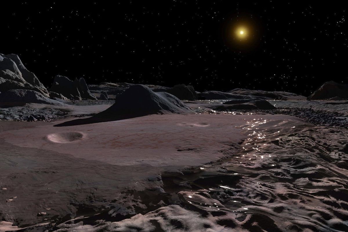 Umělecká ilustrace povrchu 2007 OR10, největšího známého nepojmenovaného objektu ve sluneční soustavě