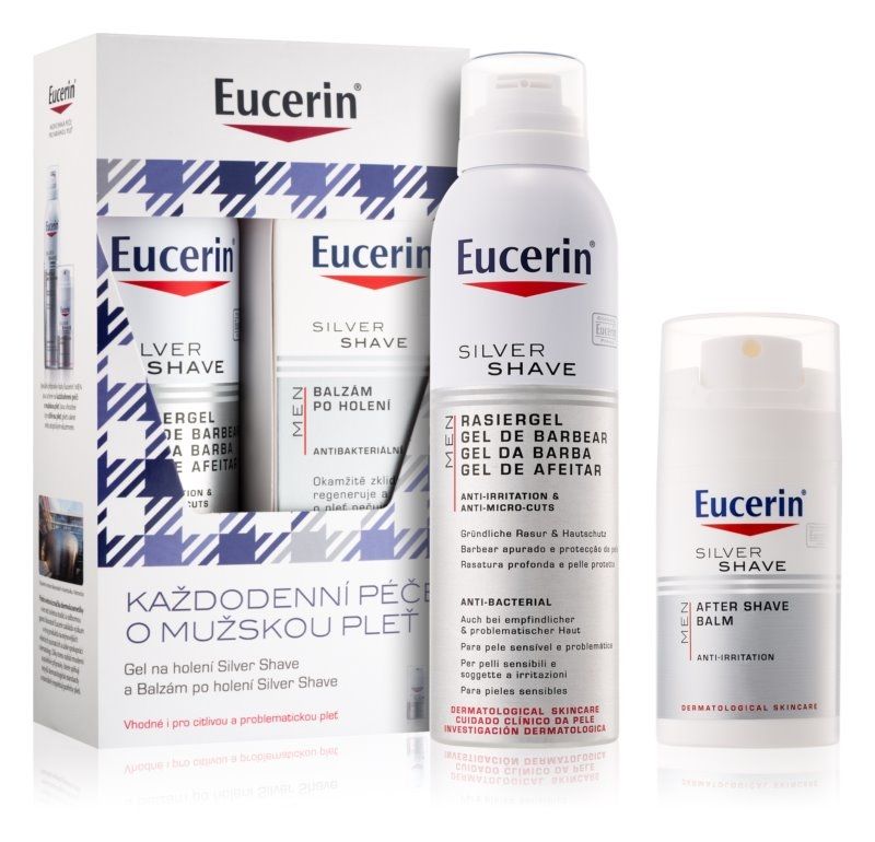 Eucerin Men – sada obsahuje gel na holení pro citlivou pleť Silver Shave 150 ml + balzám po holení pro citlivou pleť Silver Shave 75 ml, 634 Kč