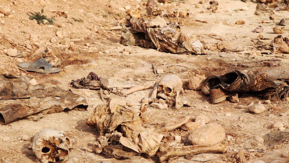 Lebky v masovém hrobu u Sindžáru 