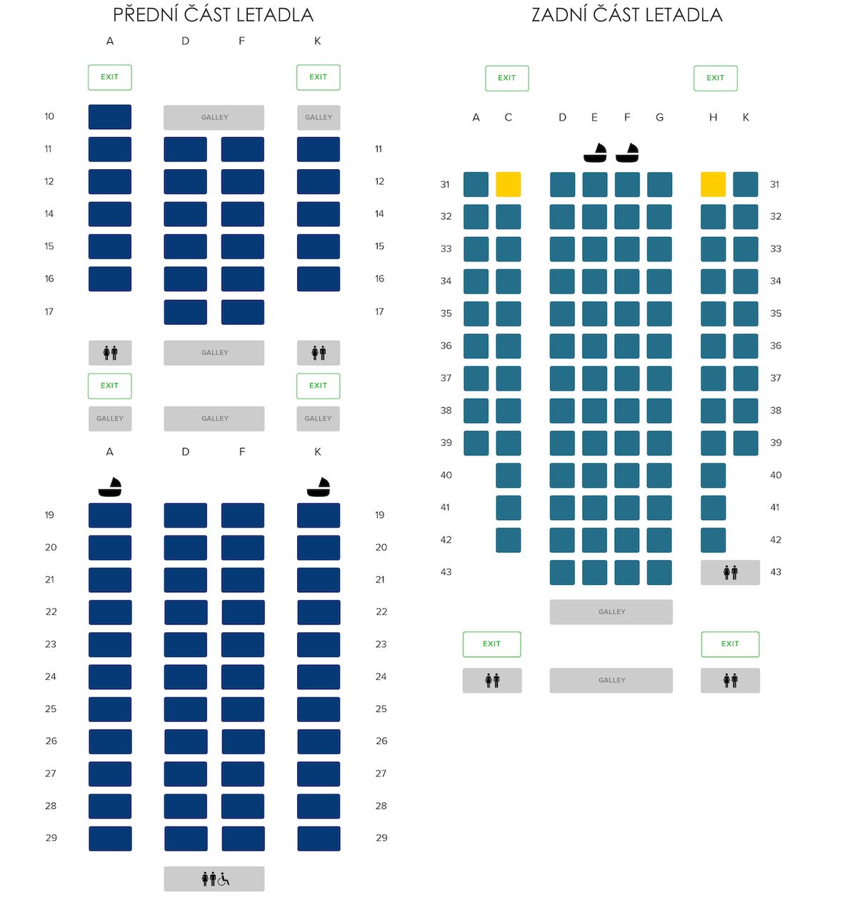 Většinu prostoru v letadle zabírá business class v přední straně letadla. Premium economy se nachází vzadu, s rozložením sedaček 2-4-2, respektive 1-4-1.