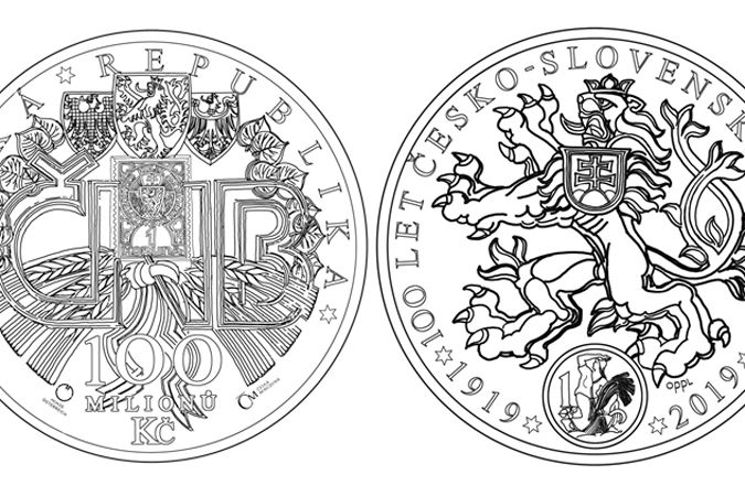 Zlatá mince v hodnotě 100 miliónů Kč ke stému výročí existence československé koruny.