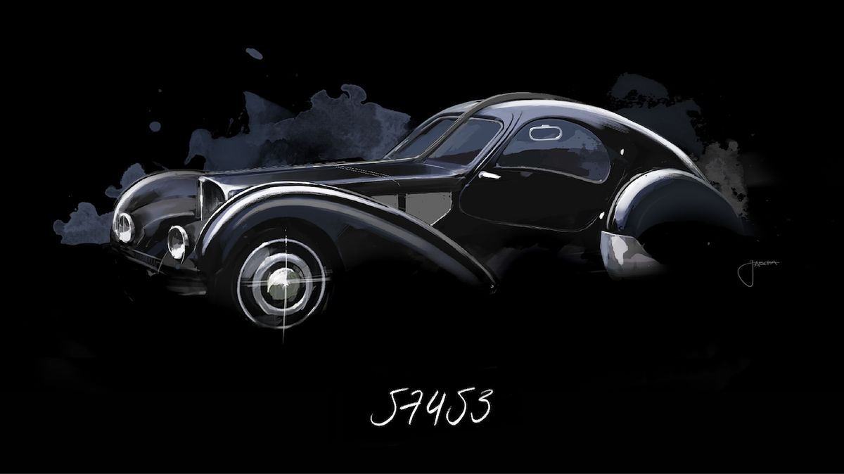 Černý Type 57SC Atlantic na této ilustraci má být druhým vyrobeným kusem, který si Jean Bugatti postavil pro sebe. Od roku 1938 je ztracený.