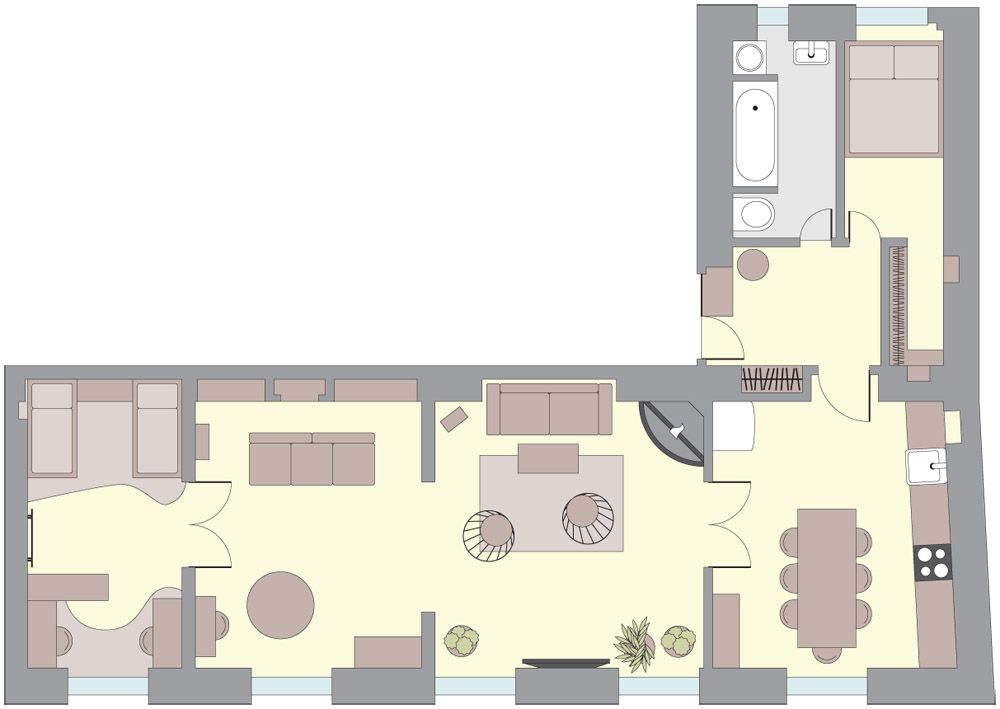 Půdorys - předsíň, koupelna s WC, ložnice, kuchyň, obývací pokoj, dětský pokoj. Podlahová plocha: 85 m2 
