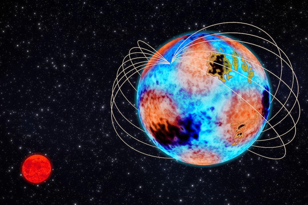 Ilustrace systému HD 99458, který sestává z modrobílé hlavní hvězdy a malého červeného trpaslíka. Pozorované efekty na hlavní hvězdě: silné magnetické pole, chemické skvrny (tmavě modré a žluté), pulzování znázorněné oranžovými a modrými oblastmi povrchu.