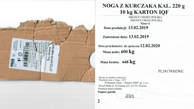 Etiketa z kartonu polského kuřecího, kde byla odhalena salmonela