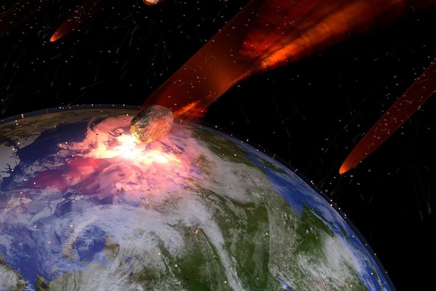 Vizualizace velkých asteroidů mířících na Zemi vytvořená americkým Národním úřadem pro letectví a vesmír (NASA)