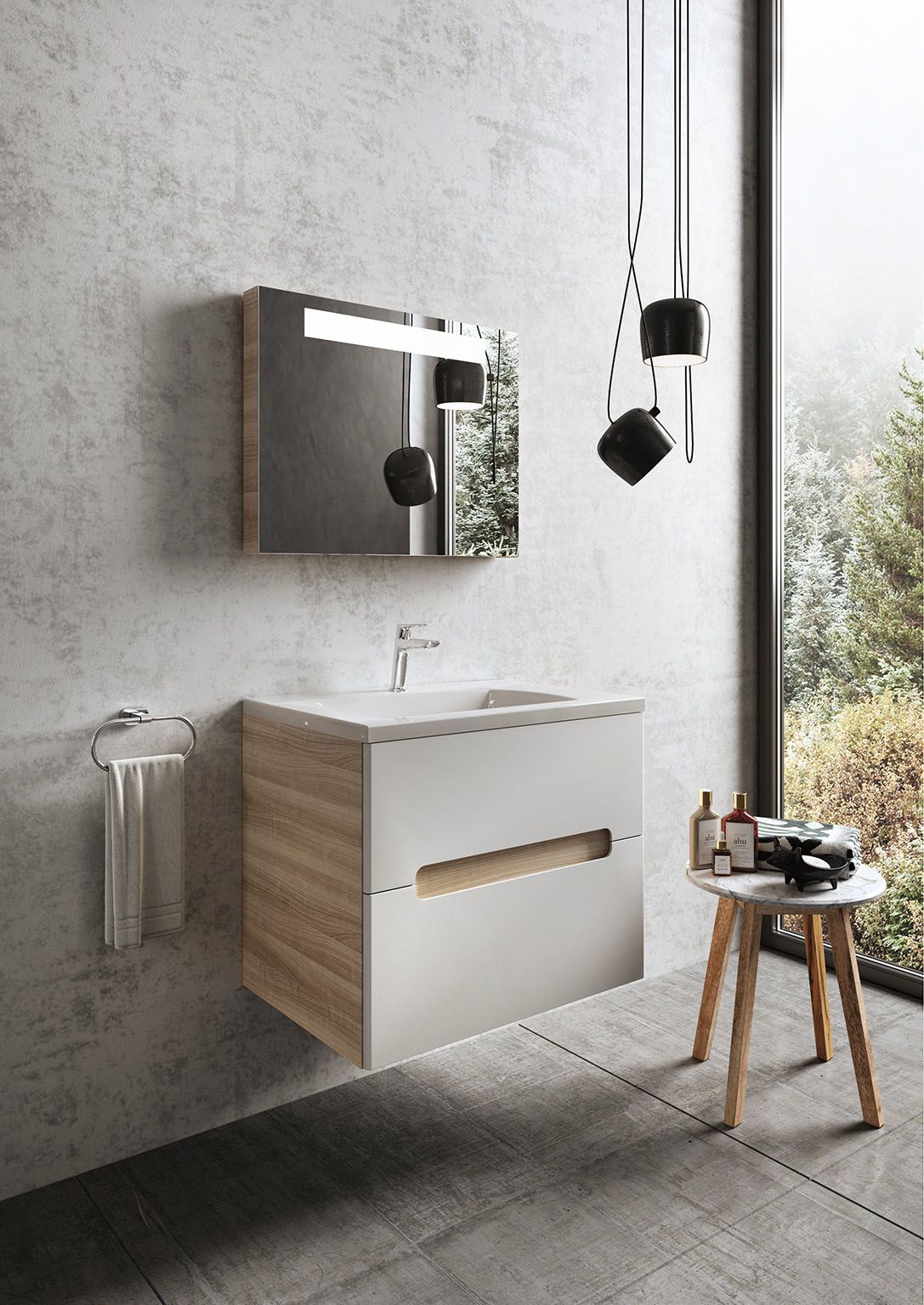 Elegantní nábytek Natural spojený s umyvadly z litého mramoru se hodí do každé moderní koupelny. Množství rozměrů i možností kombinace otevřených ploch a zavřených prostor jej předurčuje k široké paletě využití.