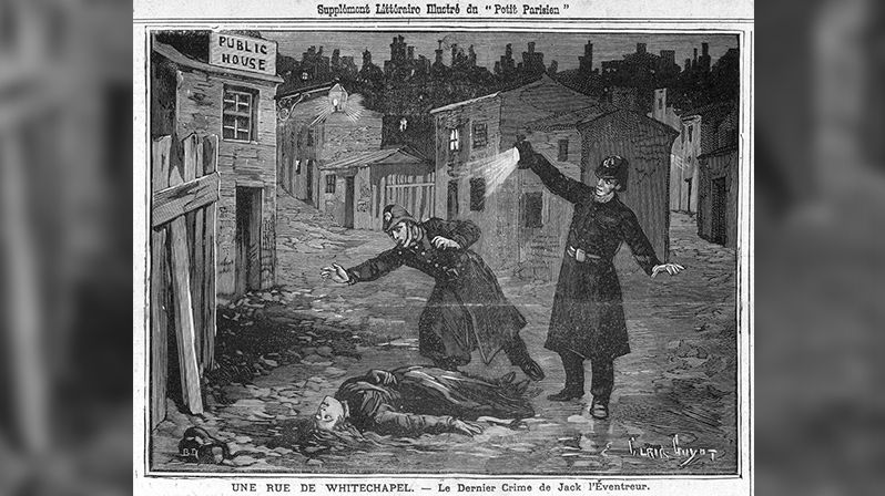 Ilustrace ulice ve Whitechapelu a poslední oběti Jacka Rozparovače Mary Jane Kellyové