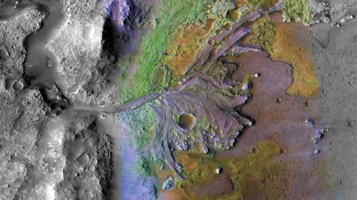 Delta v kráteru Jezero na Marsu, který bude cílem mise Mars 2020.