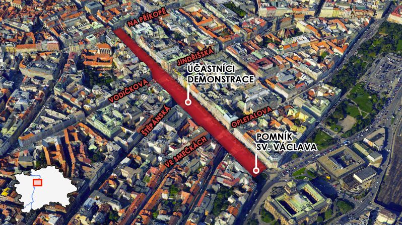 Václavské náměstí v Praze. Červeně je vyznačena oblast, kterou zabral dav protestujících