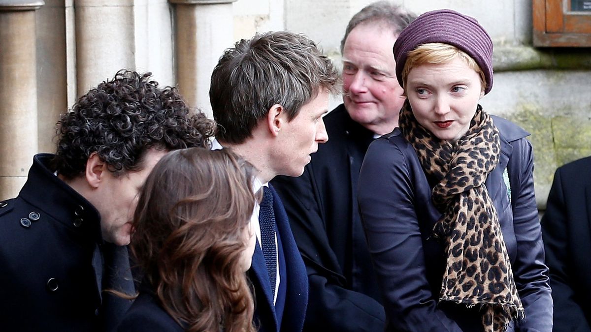 British actors Lily Cole, Eddie Redmayne and Felicity Jones leave Great St Marys Church, where the funeral of theoretical physicist Prof Stephen Hawking was held.