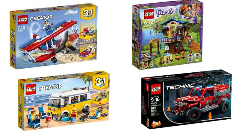 Zleva nahoře: 1. Lego Creator 31076 Odvážné kaskadérské letadlo, 499 Kč ; 2.  Lego Friends 41335 Mia a její domek na stromě, 799 Kč ; 3. Lego Creator 31079 Surfařská dodávka, 799 Kč; 4. Lego Technic 42075 Záchranné auto, 1099 Kč  