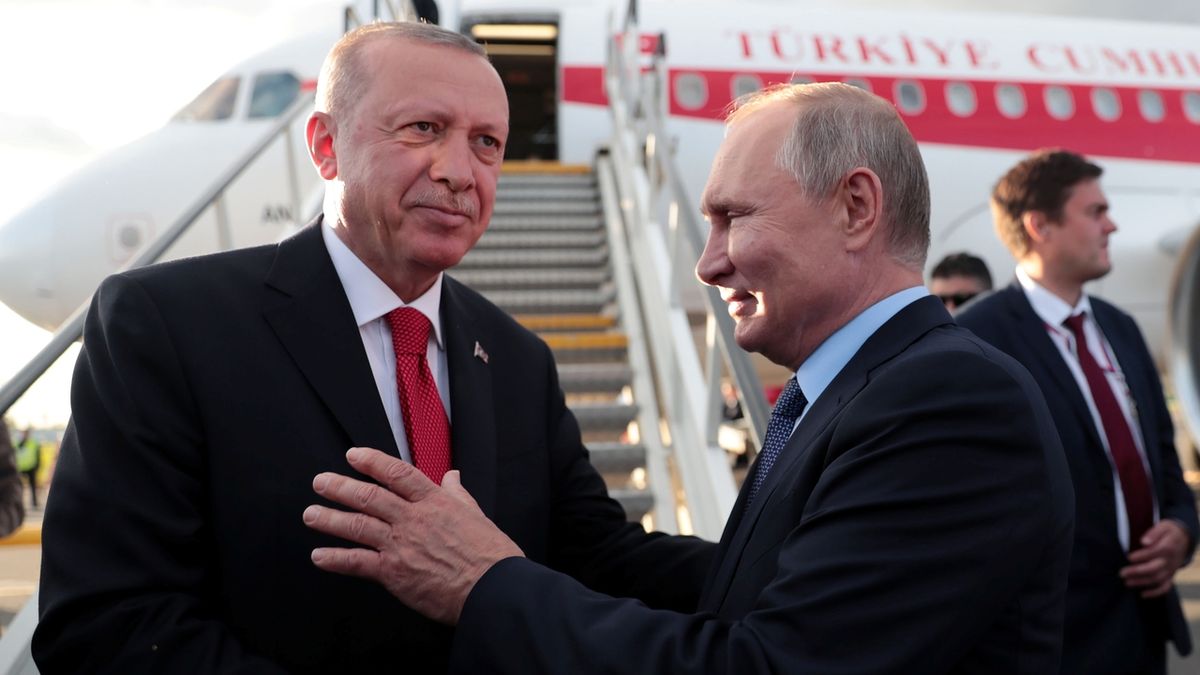 Turecký prezident Recep Tayyip Erdogan a Vladimir Putin na letišti v Žukovském u Moskvy 