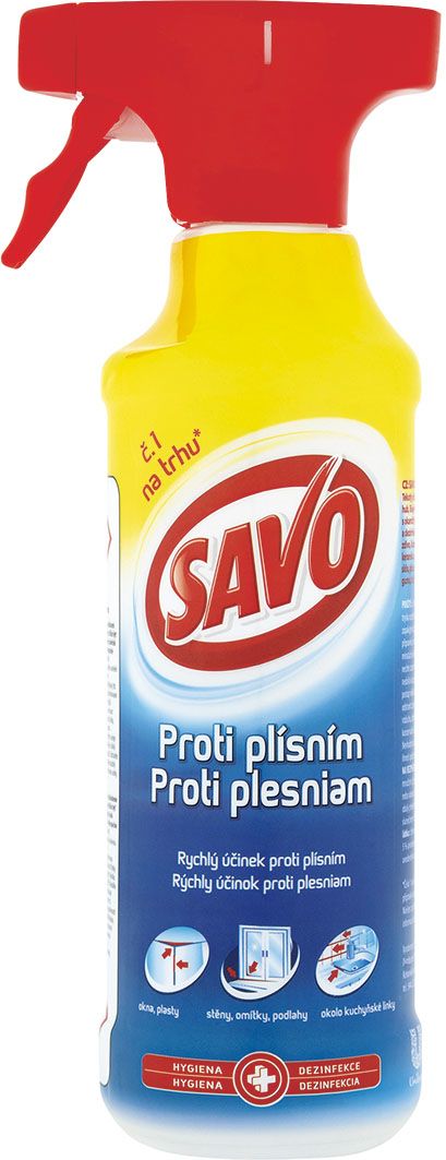 Klasickým prostředkem proti plísním nejen v koupelnách je Savo. Cena 89 Kč/ 500 ml.