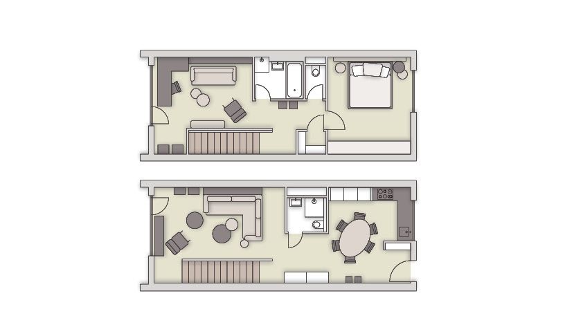 1. podlaží: zádveří, kuchyň, koupelna + WC, obývací prostor 
2. podlaží: ložnice, šatna, WC, koupelna, pracovna 