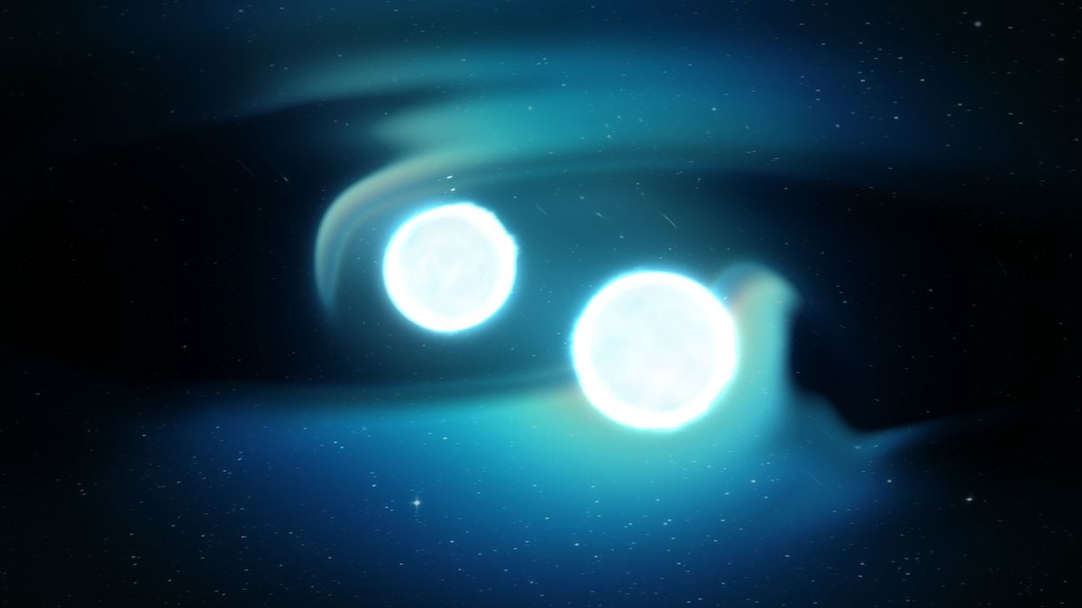 Animace kolize dvou neutronových hvězd