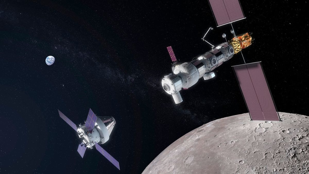 Ilustrace plánované měsíční orbitální stanice Gateway.