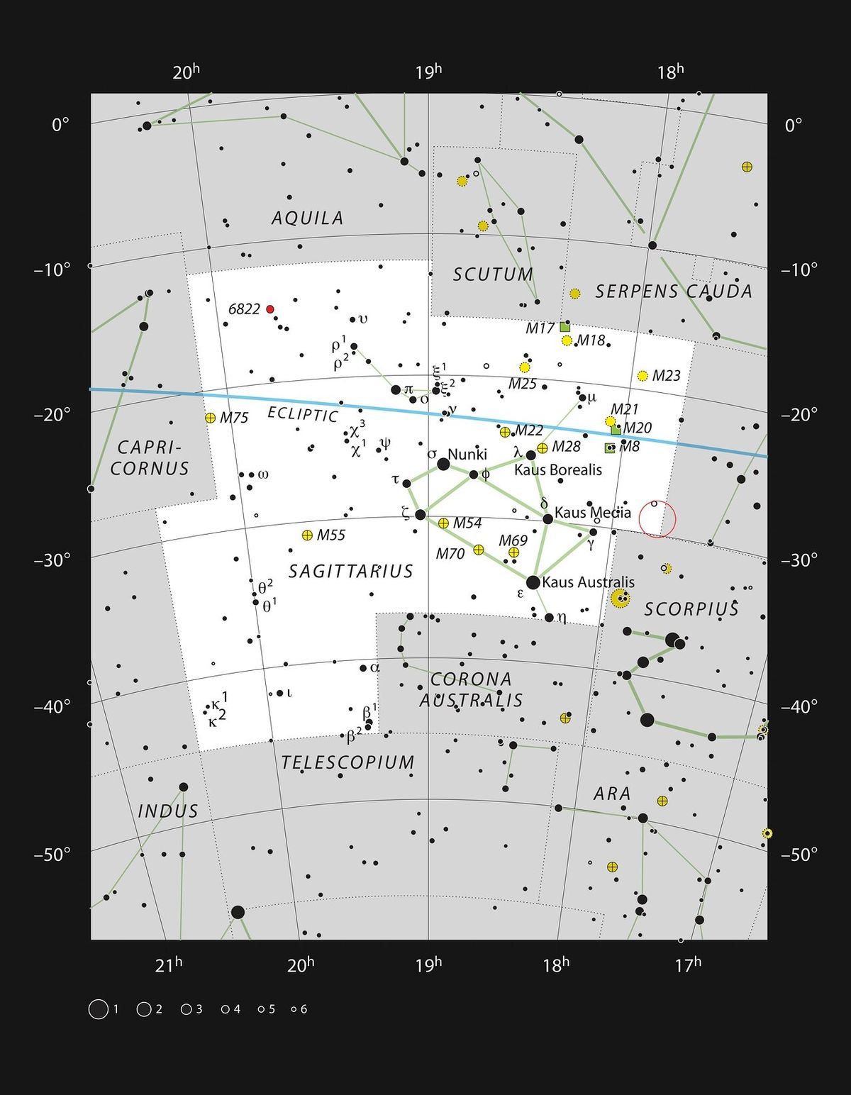 Mapka zachycuje polohu středu Galaxie na obloze. Střed Mléčné dráhy se nachází v souhvězdí Střelce, na mapce je vyznačen červeným kroužkem. Vyobrazena je většina hvězd viditelných pouhým okem na tmavé bezoblačné obloze.