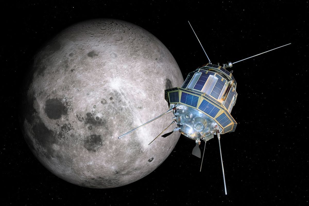 Obrázek sovětské sondy Luna 3 před Měsícem