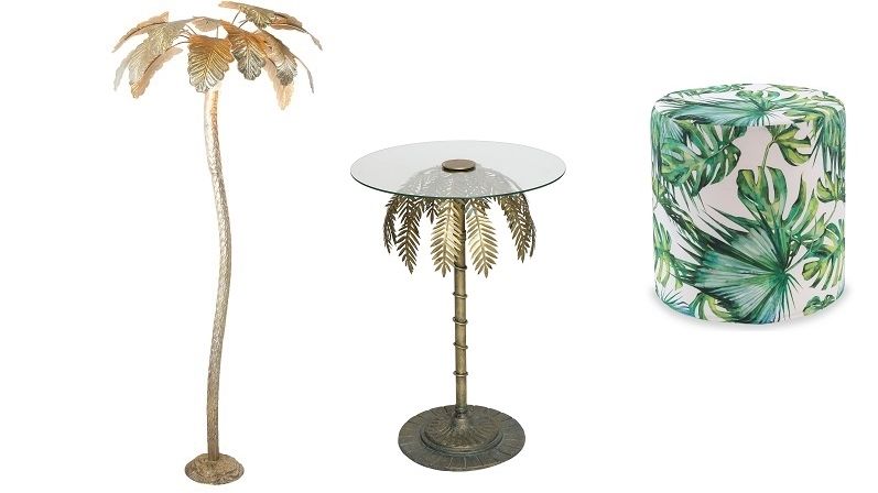 Lampy, stolky i taburety s motivem palem jsou funkčním nábytkem i stylovými dekoracemi.