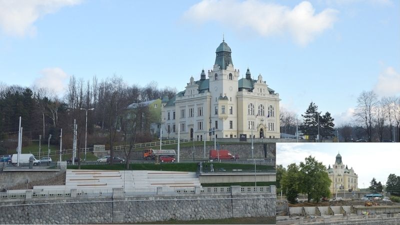 Terasa, schodiště u sochy a mostu Miloše Sýkory.