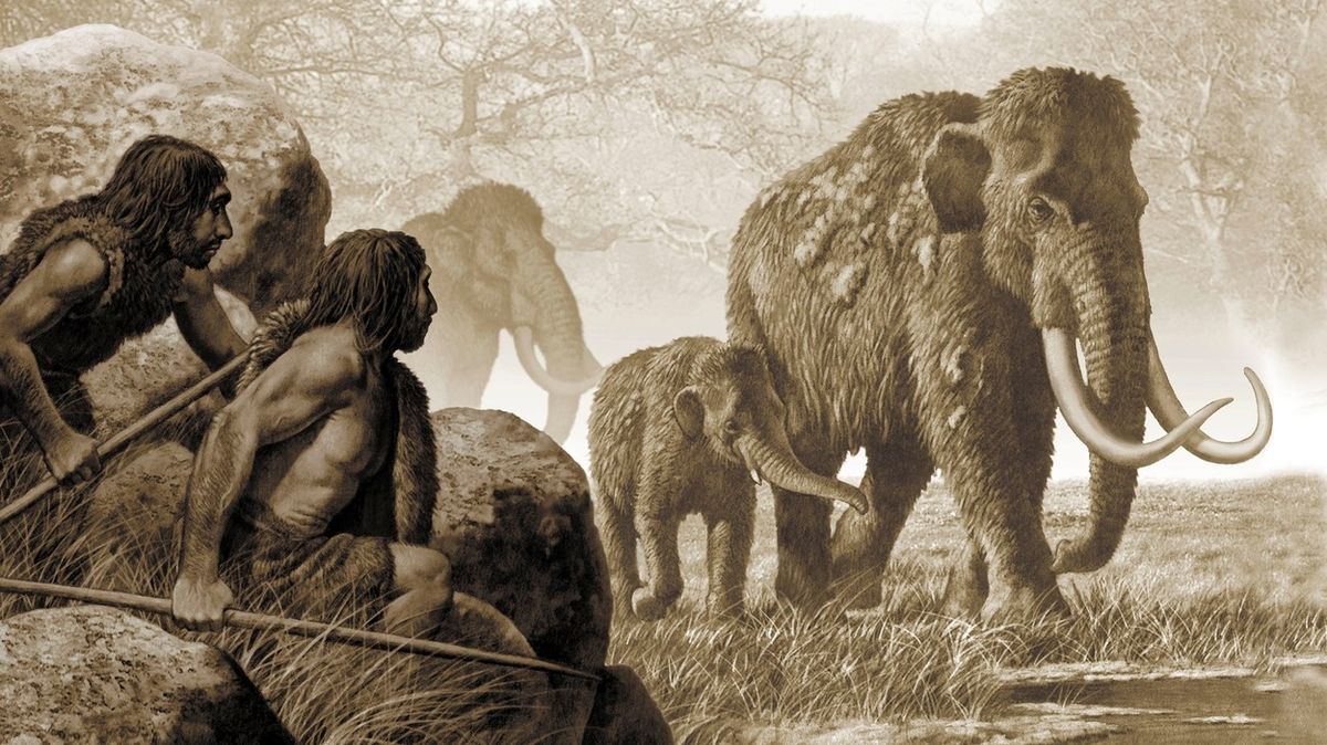Ilustrace neandertálců na lovu mamuta srstnatého