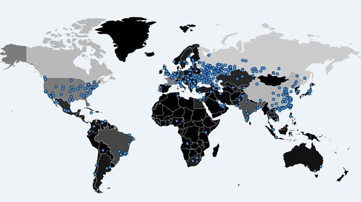 Mapa zemí, kde WannaCry během května 2017 útočil.