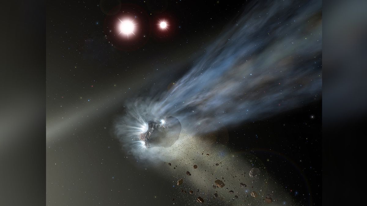 Umělecké ztvárnění komety 2I/Borisov a hvězdného systému Kruger 60.