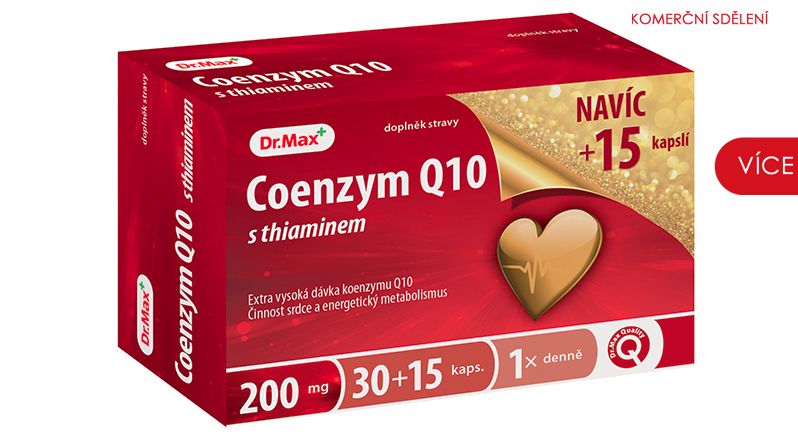 Dr.Max Coenzym Q10 s thiaminem 200 mg 30+15 kapslí.Cena: 249 Kč