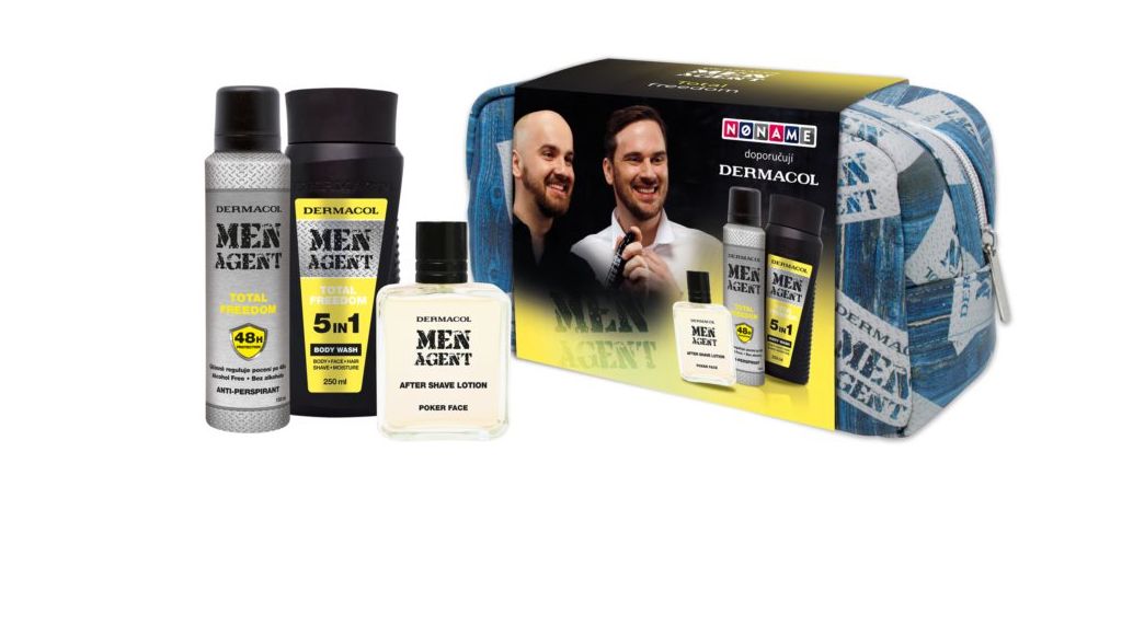 Dermacol Men Agent Total Freedom - sprchový gel na obličej, tělo a vlasy, antiperspirant ve spreji, voda po holení a toaletní taška, 292 Kč