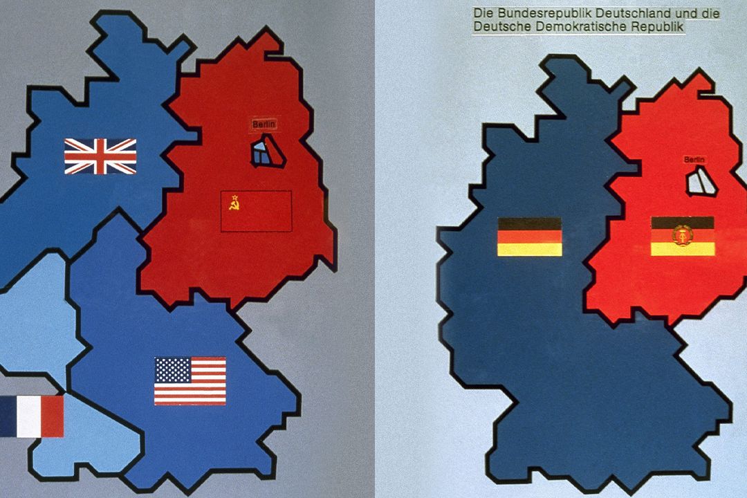 Vlevo poválečné rozdělení Německa na okupační zóny, vpravo západní SRN a východní NDR od roku 1949