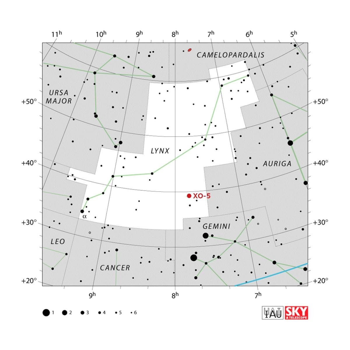 Poloha hvězdy XO-5 na obloze (v souhvězdí Rysa)